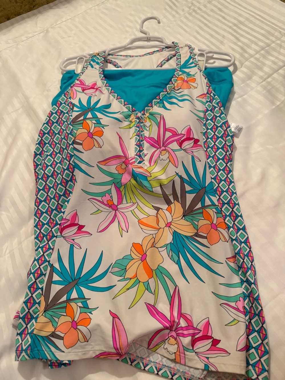Beach House Turquoise and White Swim Top with Geometric Accent - Picture 14 of 14